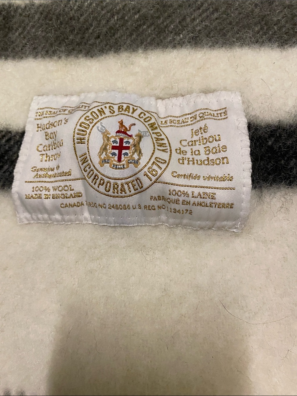 Hudson's Bay Co. Grey and White Wool Caribou Throw Blanket